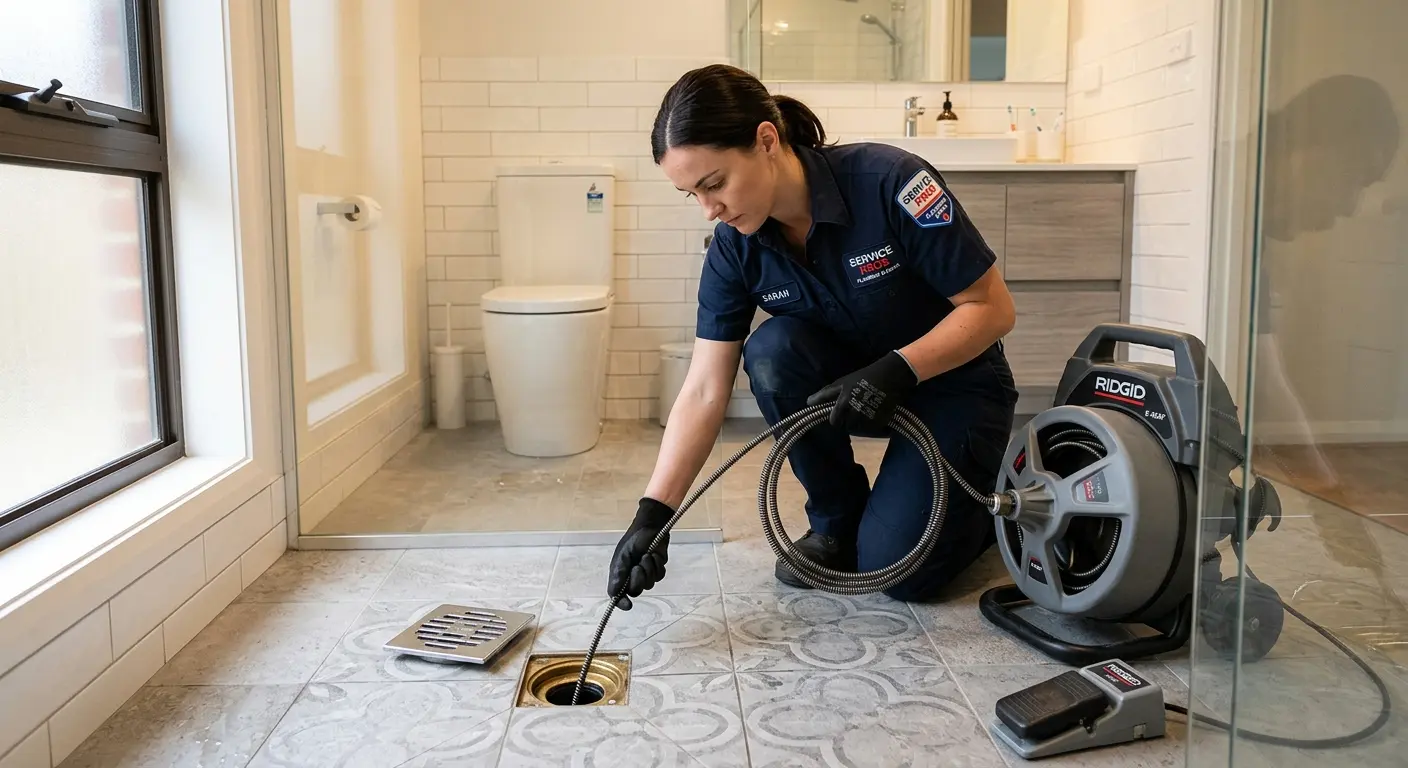 Technician clearing a bathroom floor drain for Drain Cleaning in Bedford
